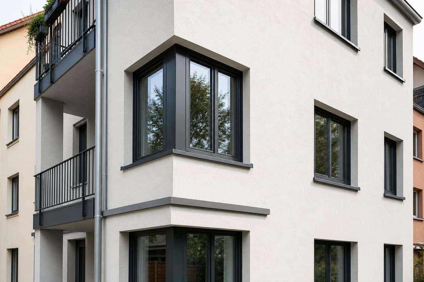Wohngebäude mit Blick auf Fassade und moderne Fenster – Gebäudehülle im Sanierungskontext für den Bedarfsausweis